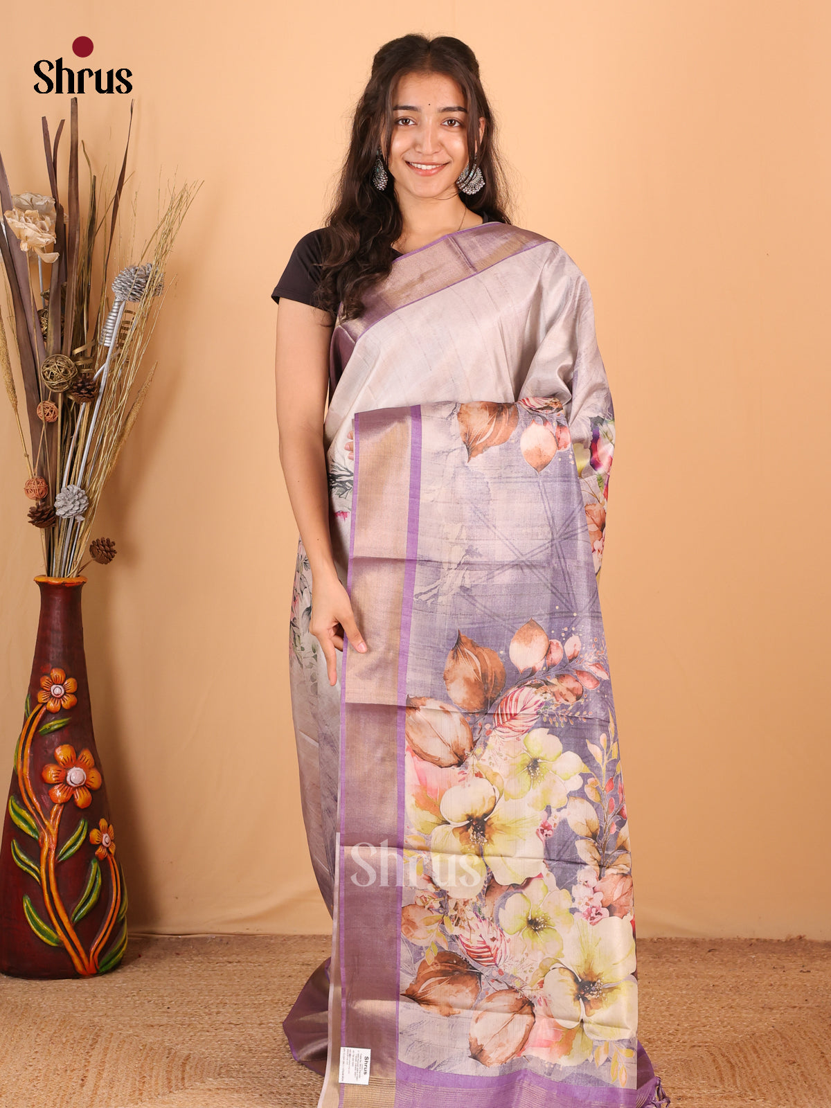 Lavender - Printed Tussar Saree - Shop on Shrus.com