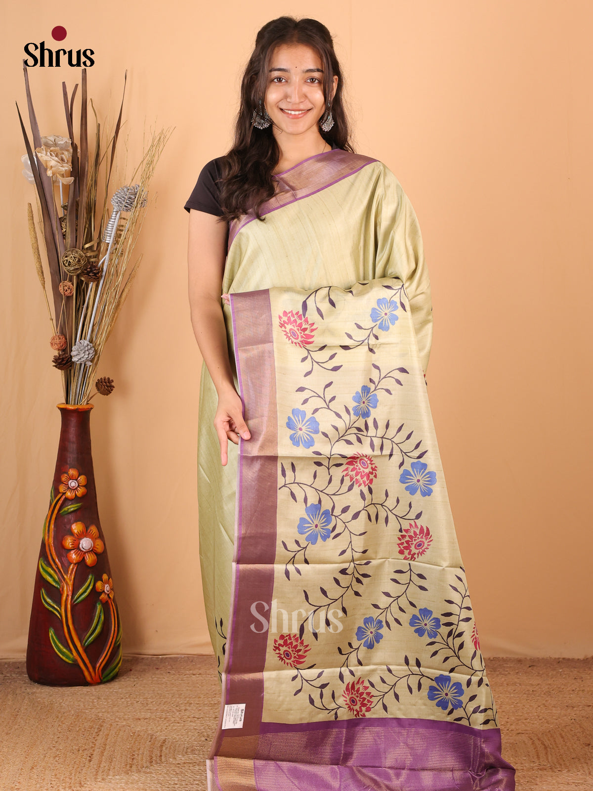 Green & Purple - Printed Tussar Saree - Shop on Shrus.com
