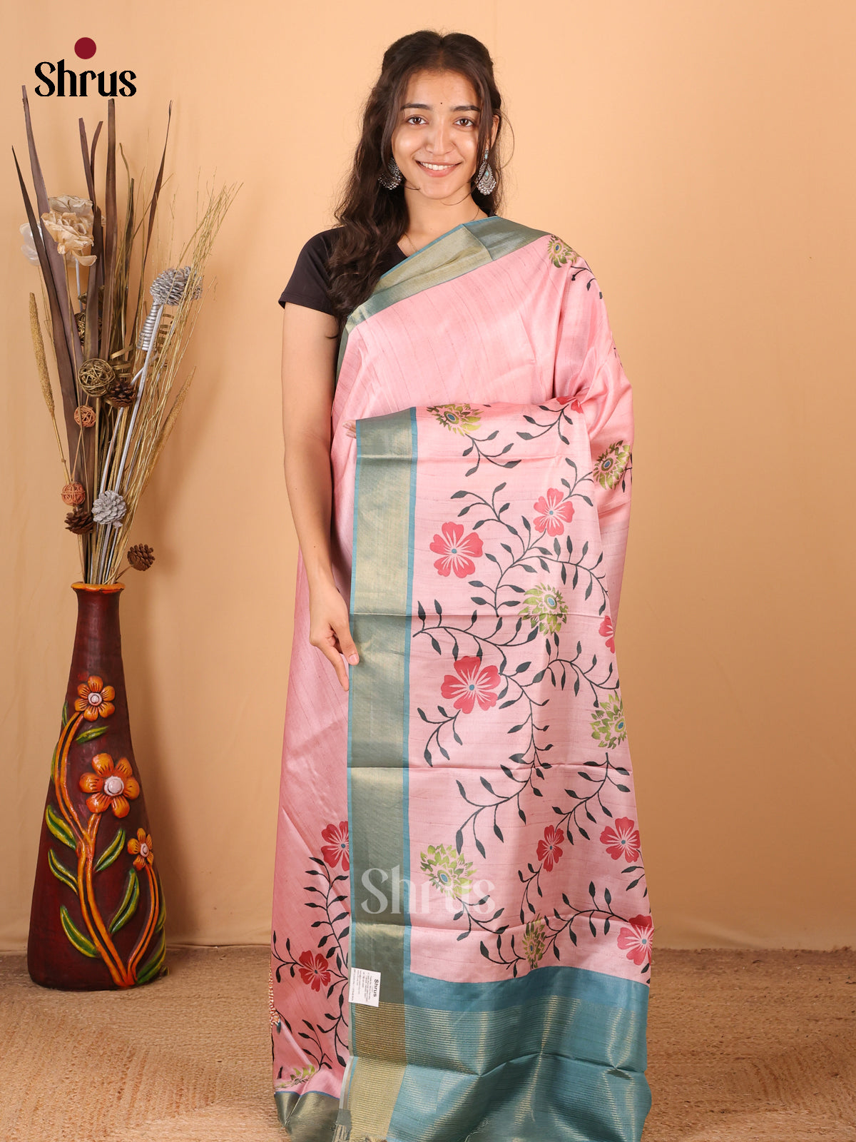 Pink & Blue - Printed Tussar Saree - Shop on Shrus.com