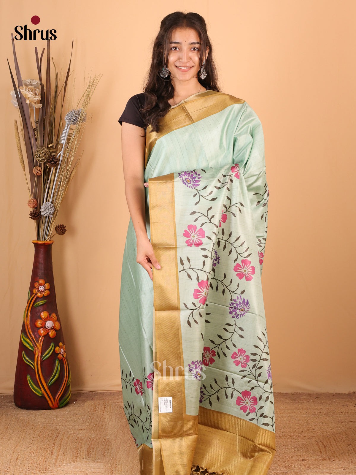 Pastel Green & Gold - Printed Tussar Saree - Shop on Shrus.com