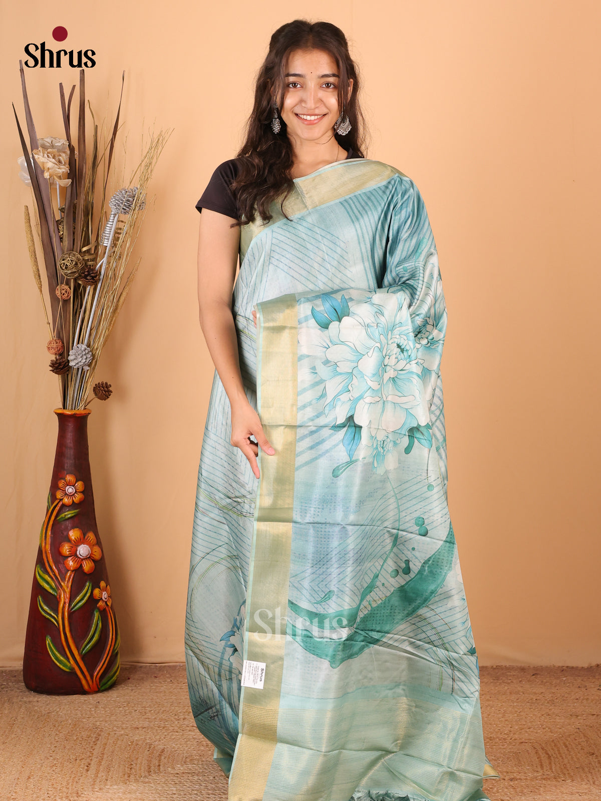 Blue - Printed Tussar Saree - Shop on Shrus.com