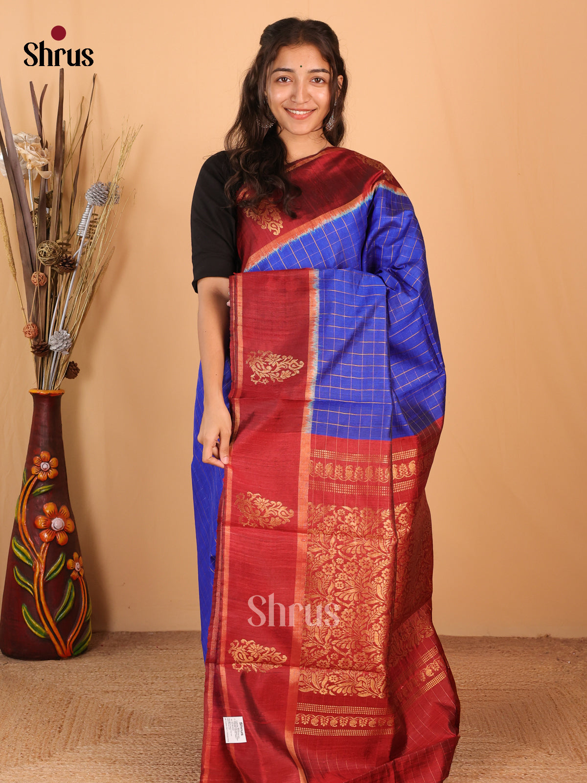 Blue & Maroon - Raw Silk Saree - Shop on Shrus.com