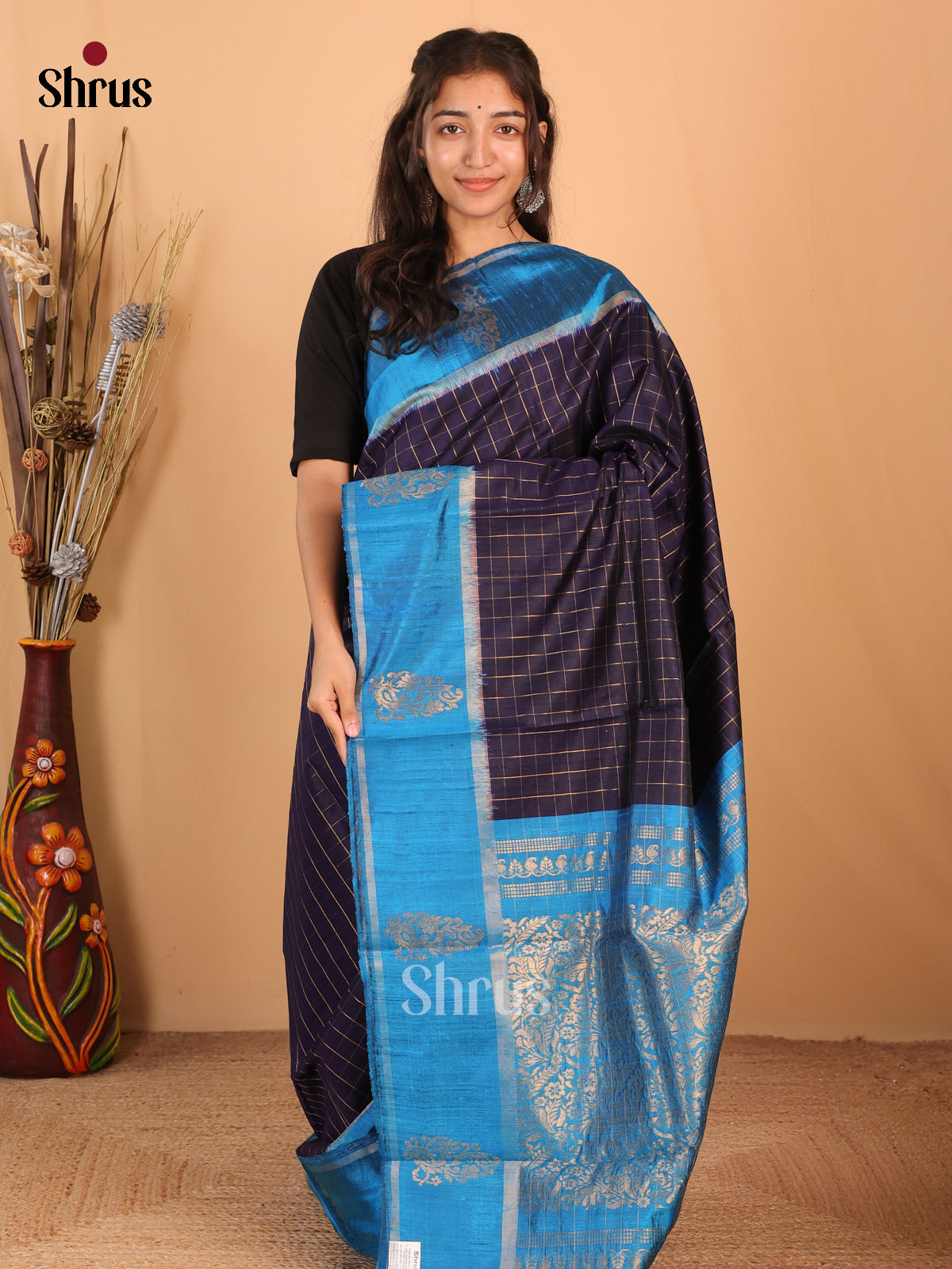 Navy Blue & Blue - Raw Silk Saree - Shop on Shrus.com