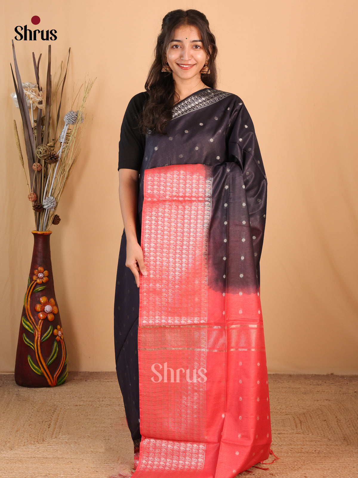 Black & Red - Semi Tussar Saree - Shop on Shrus.com