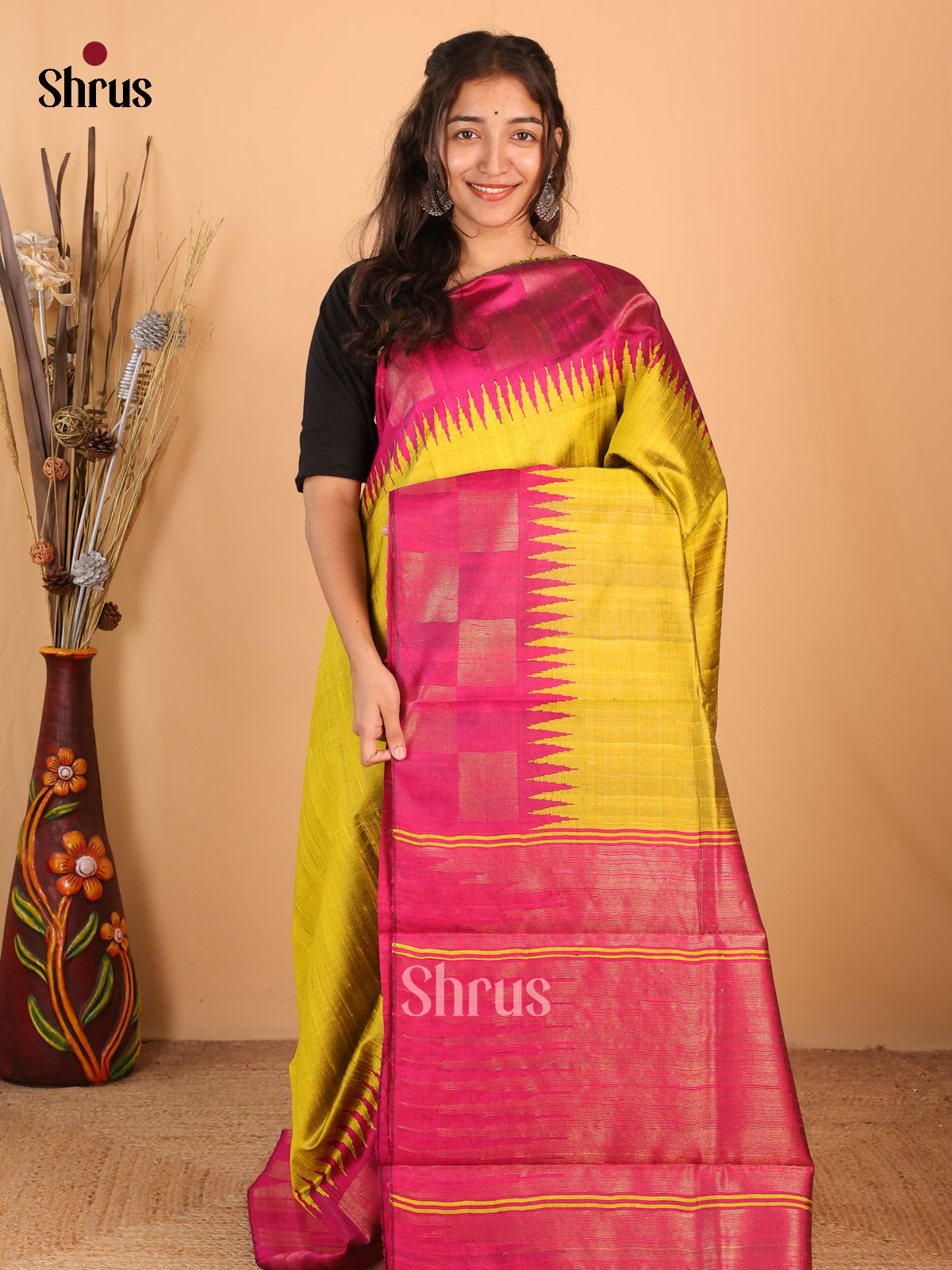 Mustardy Green & Maroon - Raw Silk Saree - Shop on Shrus.com