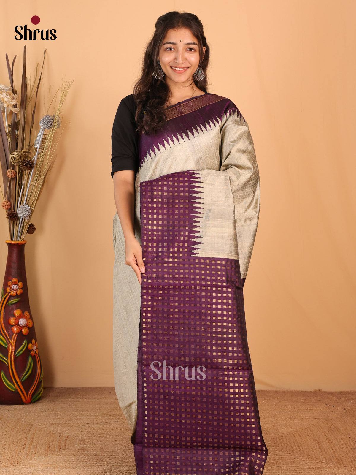 Grey & Violet - Raw Silk Saree - Shop on Shrus.com