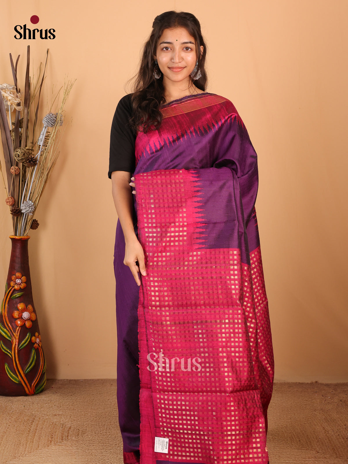 Dark Purple & Maroon - Raw Silk Saree - Shop on Shrus.com