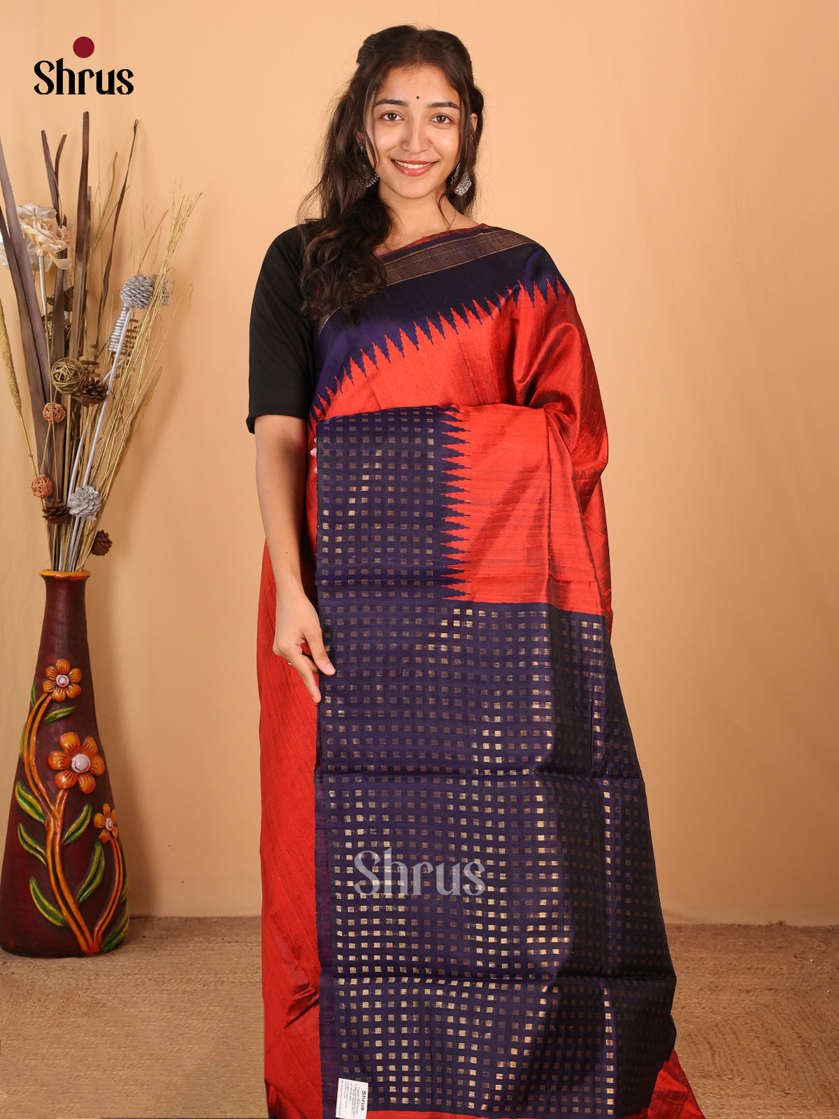 Red & Blue - Raw Silk Saree - Shop on Shrus.com