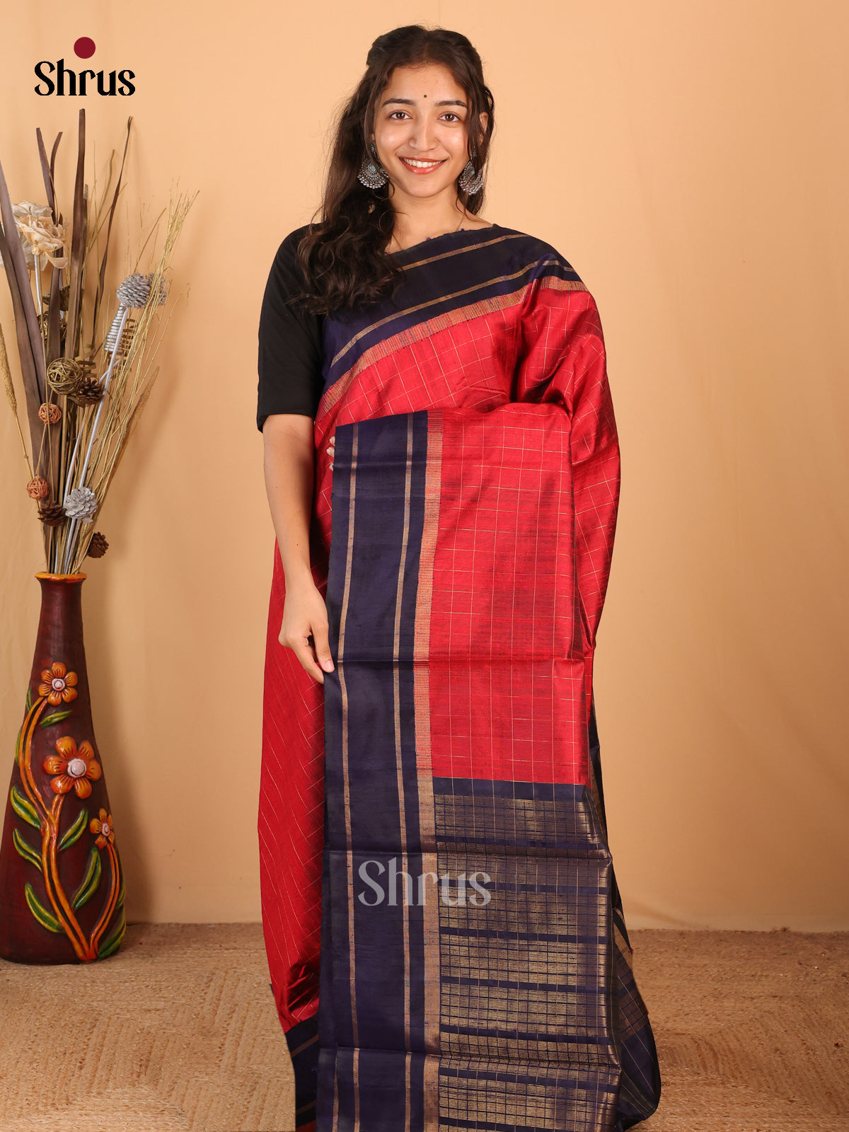Red & Blue - Raw Silk Saree - Shop on Shrus.com