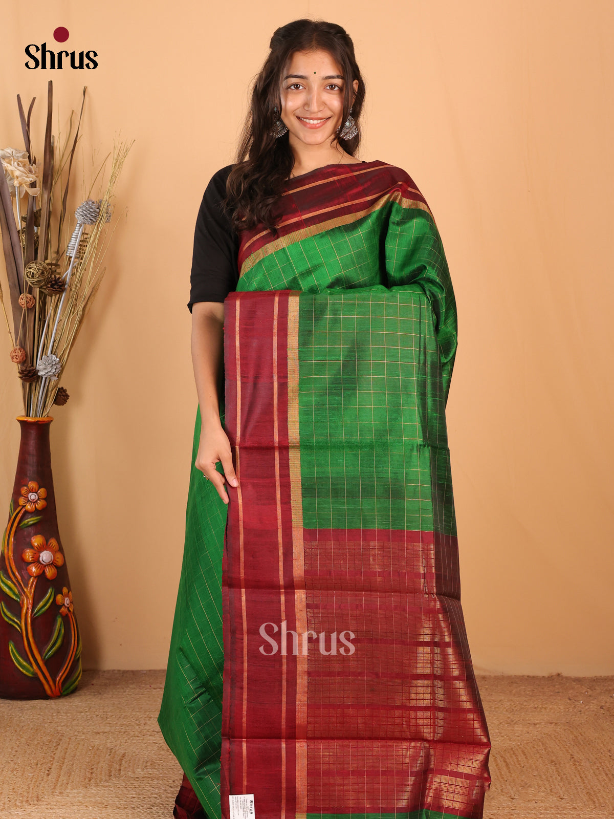 Green & Maroon - Raw Silk Saree - Shop on Shrus.com