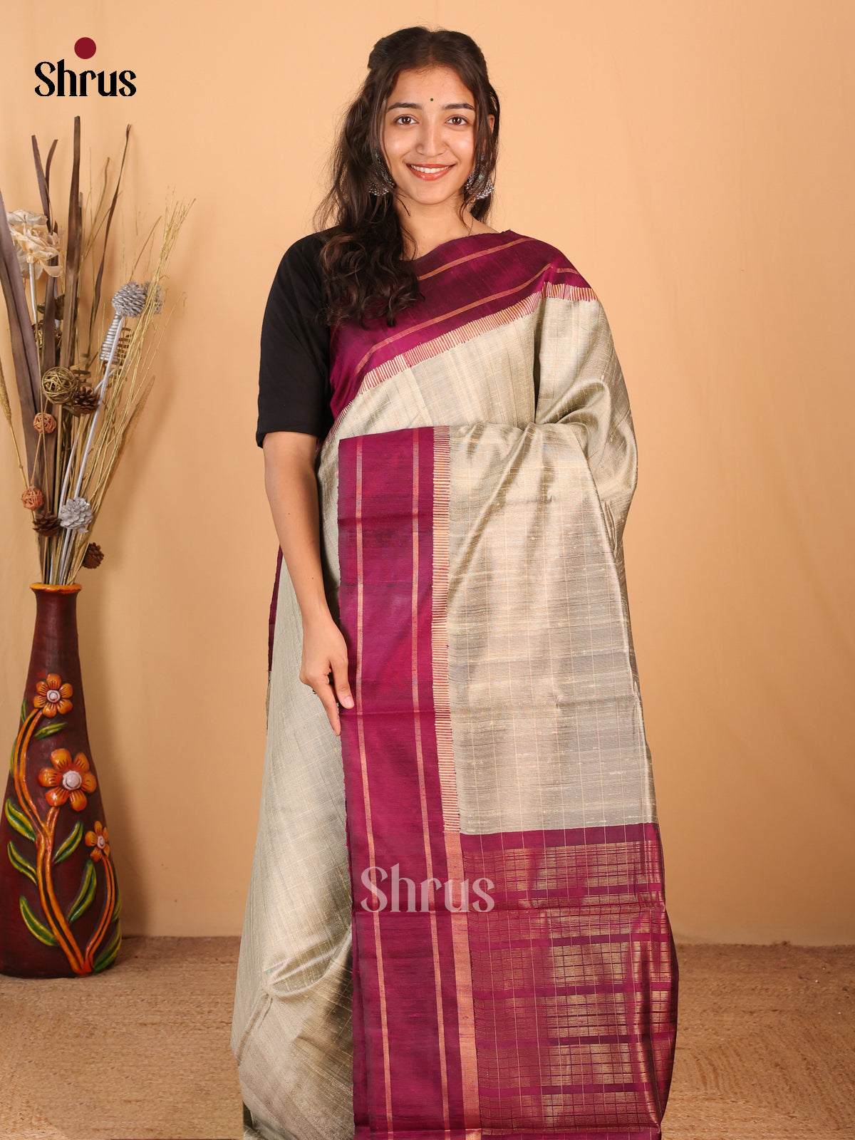 Grey & Purple - Raw Silk Saree - Shop on Shrus.com