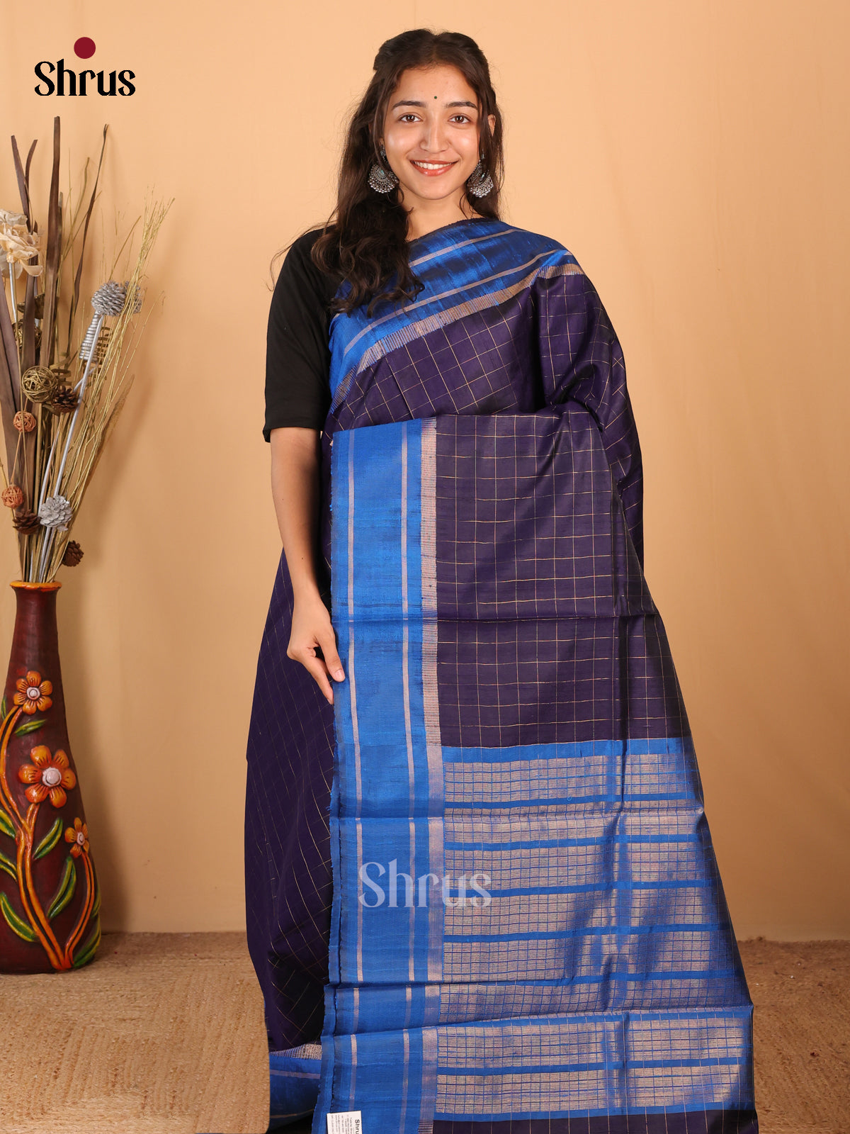 Navy Blue & Blue- Raw Silk Saree - Shop on Shrus.com