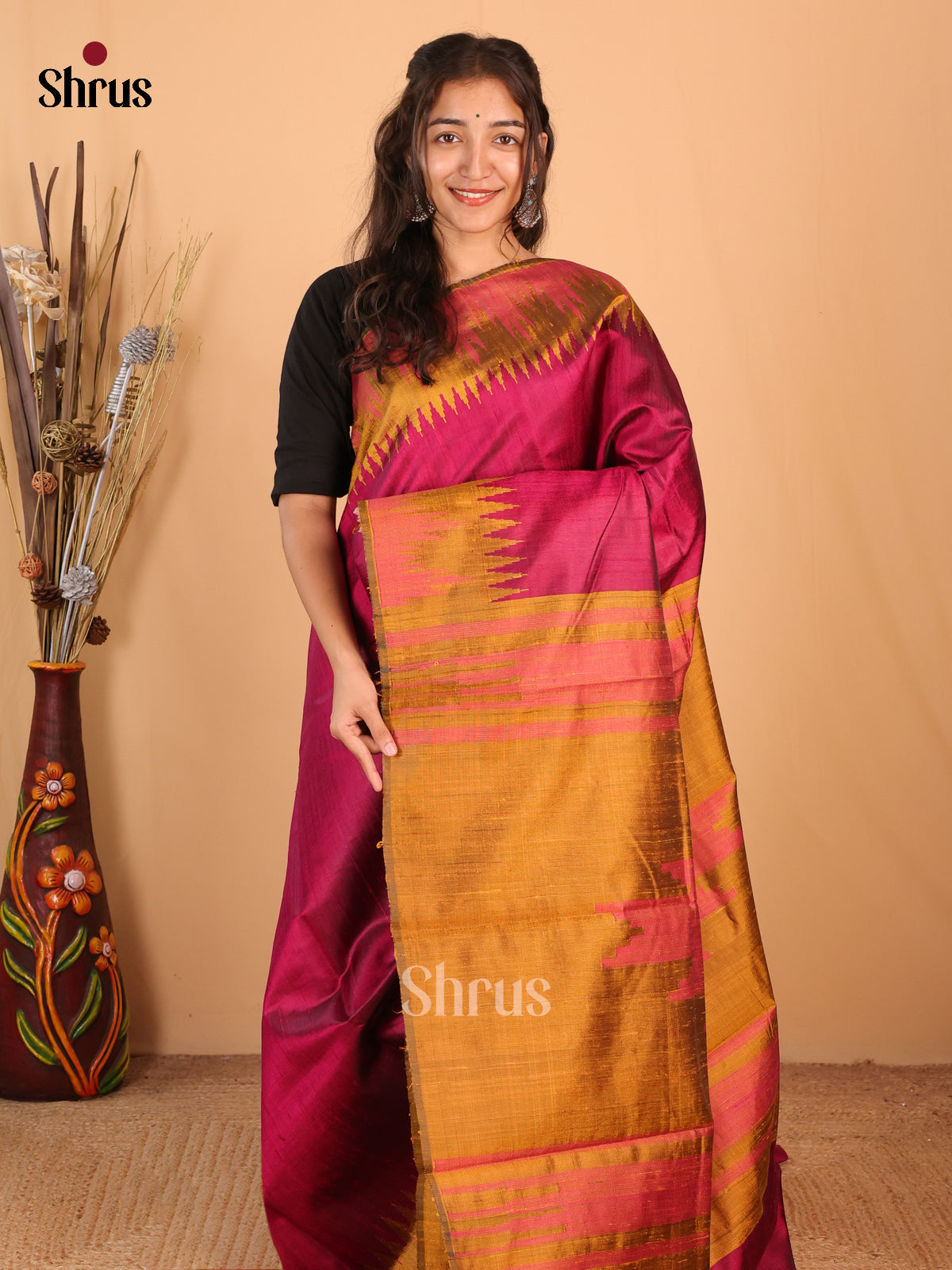 Wine & Gold- Raw Silk Saree - Shop on Shrus.com