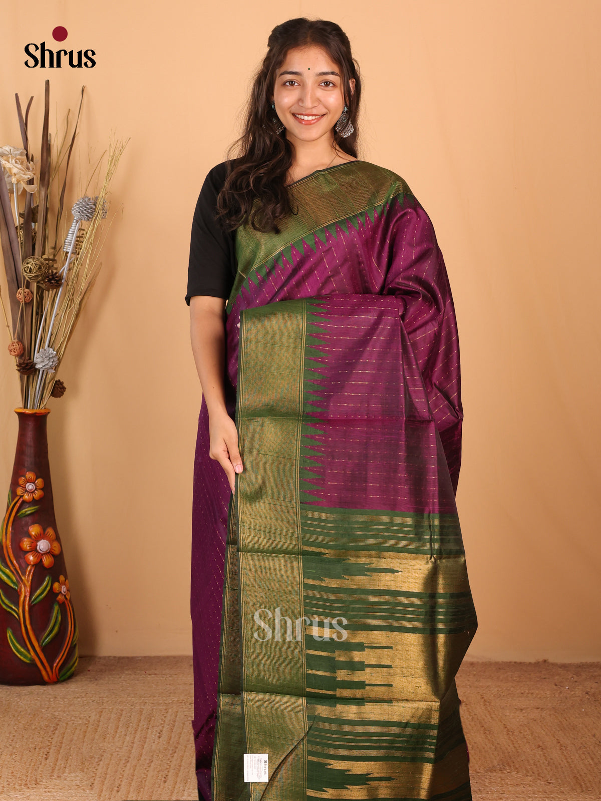 Wine & Green - Raw Silk Saree - Shop on Shrus.com