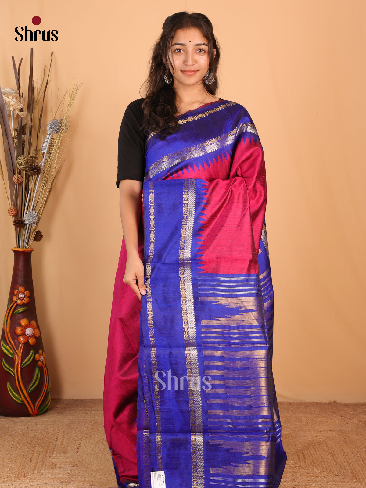 plain Maroon & Blue - Raw Silk Saree