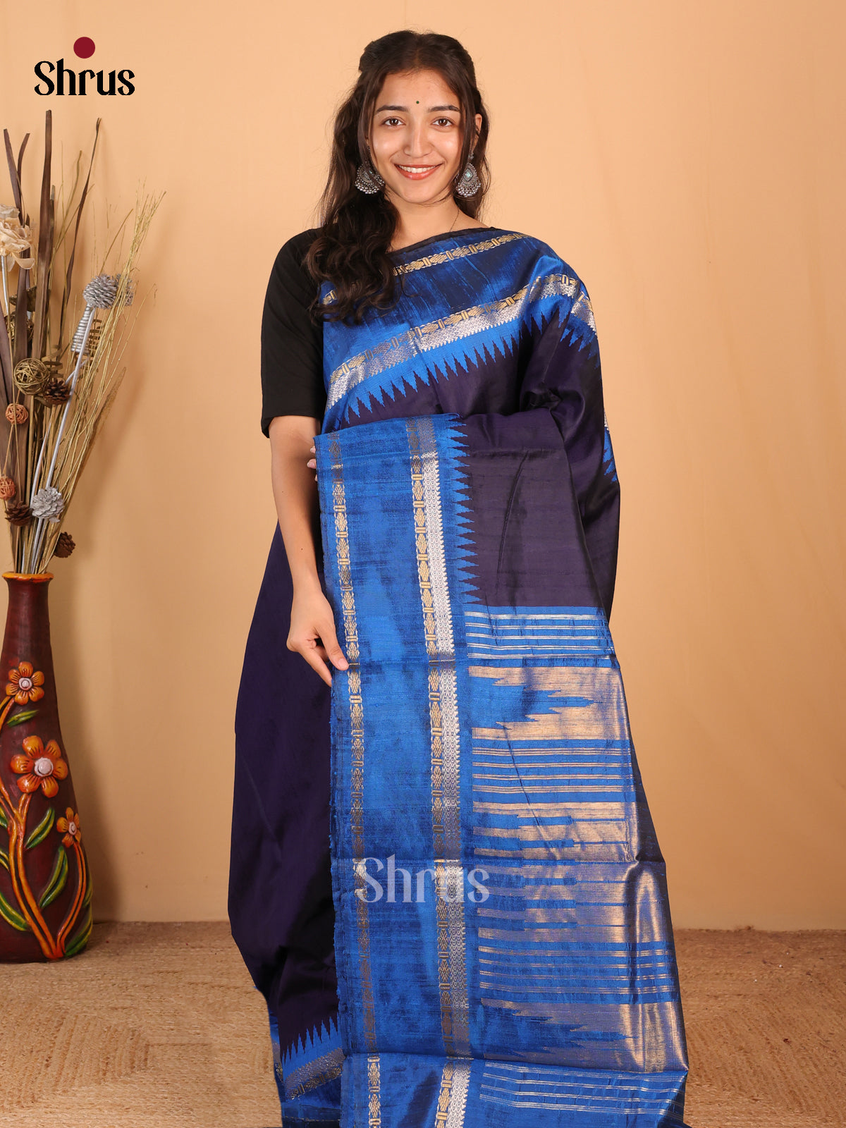 Navy Blue & Blue - Raw Silk Saree - Shop on Shrus.com