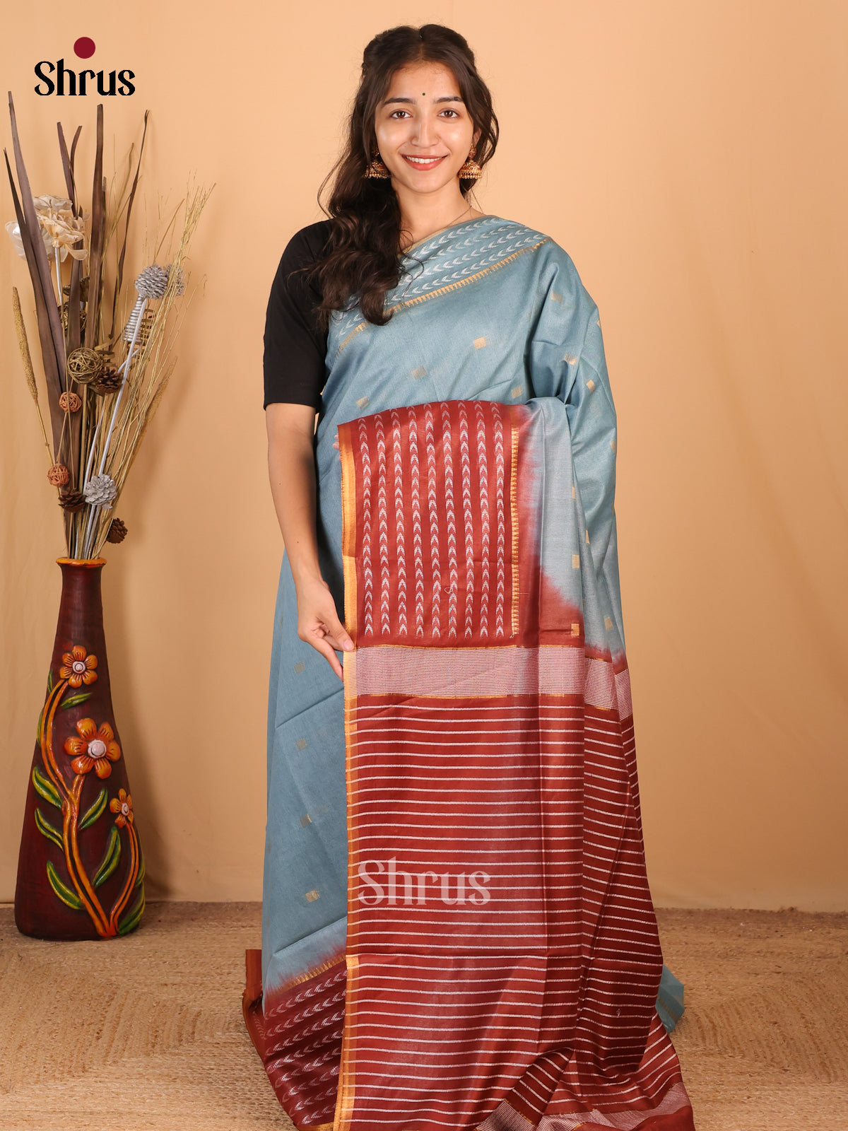 Grey & Maroon - Semi Tussar Saree - Shop on Shrus.com