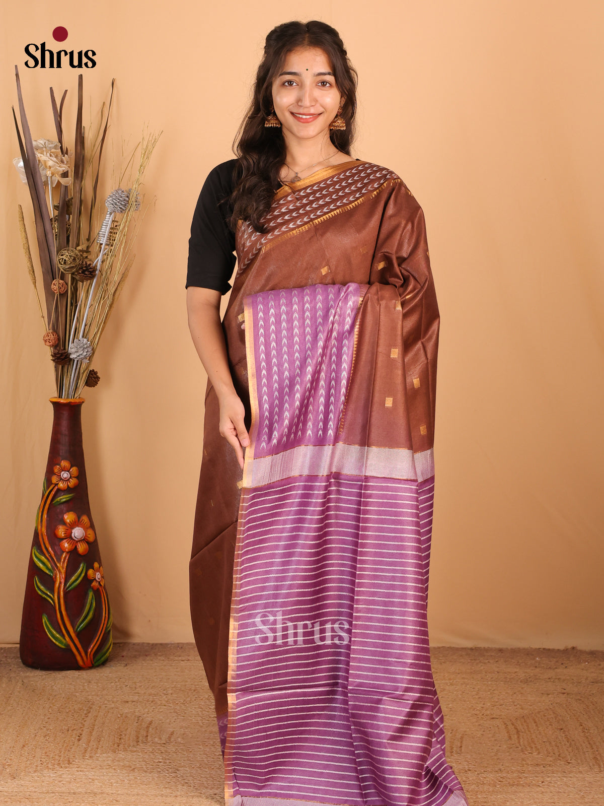 Brown & Purple - Semi Tussar Saree - Shop on Shrus.com