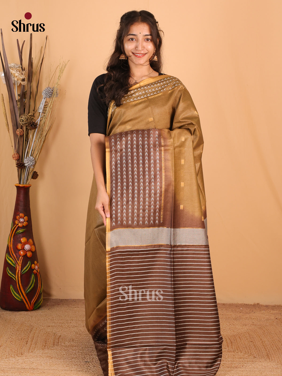 Beige & brown- Semi Tussar Saree - Shop on Shrus.com