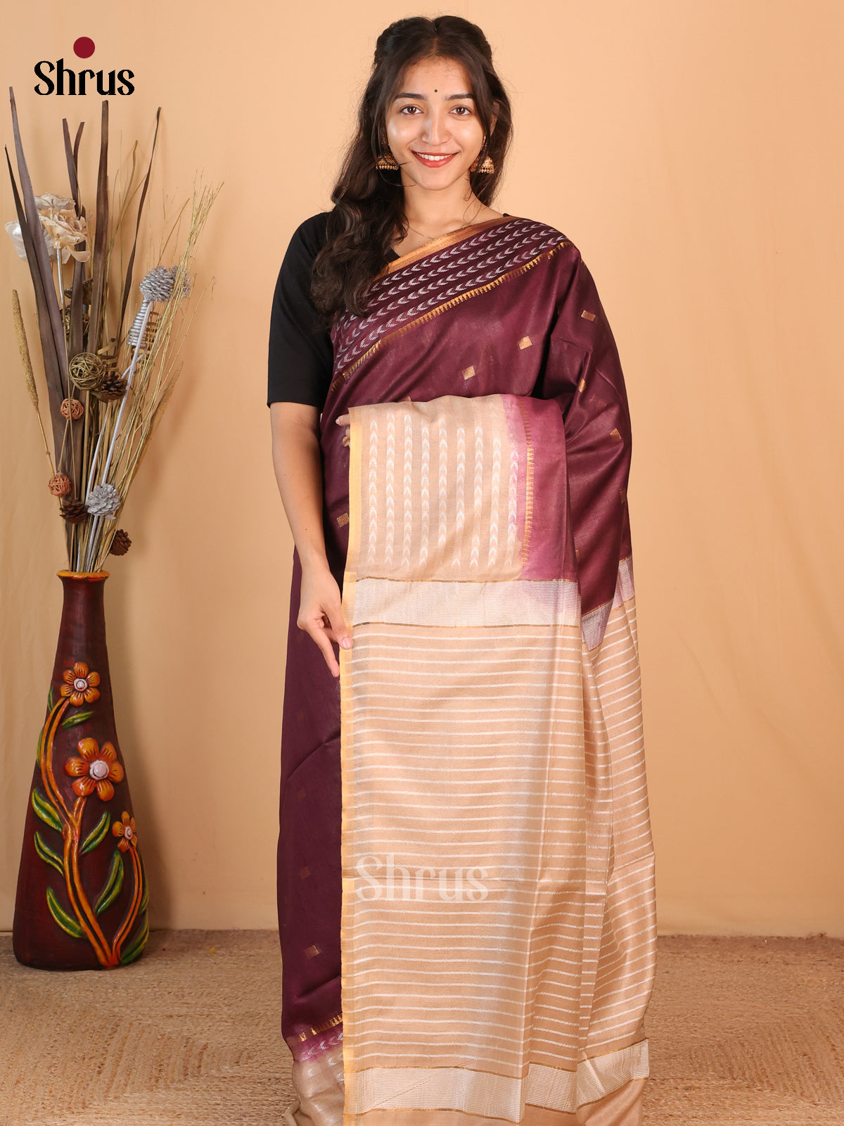 Brown & Cream - Semi Tussar Saree - Shop on Shrus.com