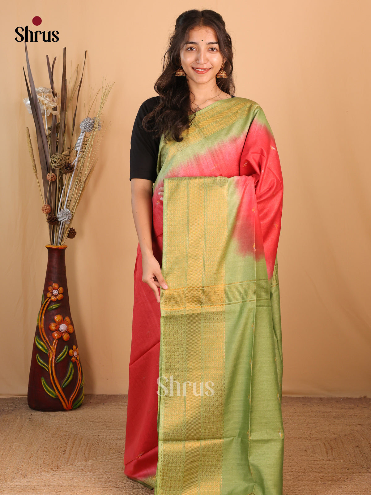 Red & Green - Semi Tussar Saree - Shop on Shrus.com
