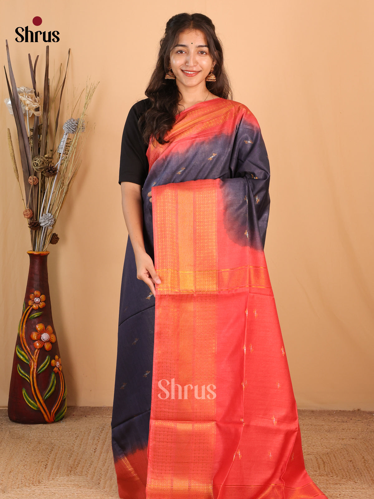 Black & Red - Semi Tussar Saree - Shop on Shrus.com