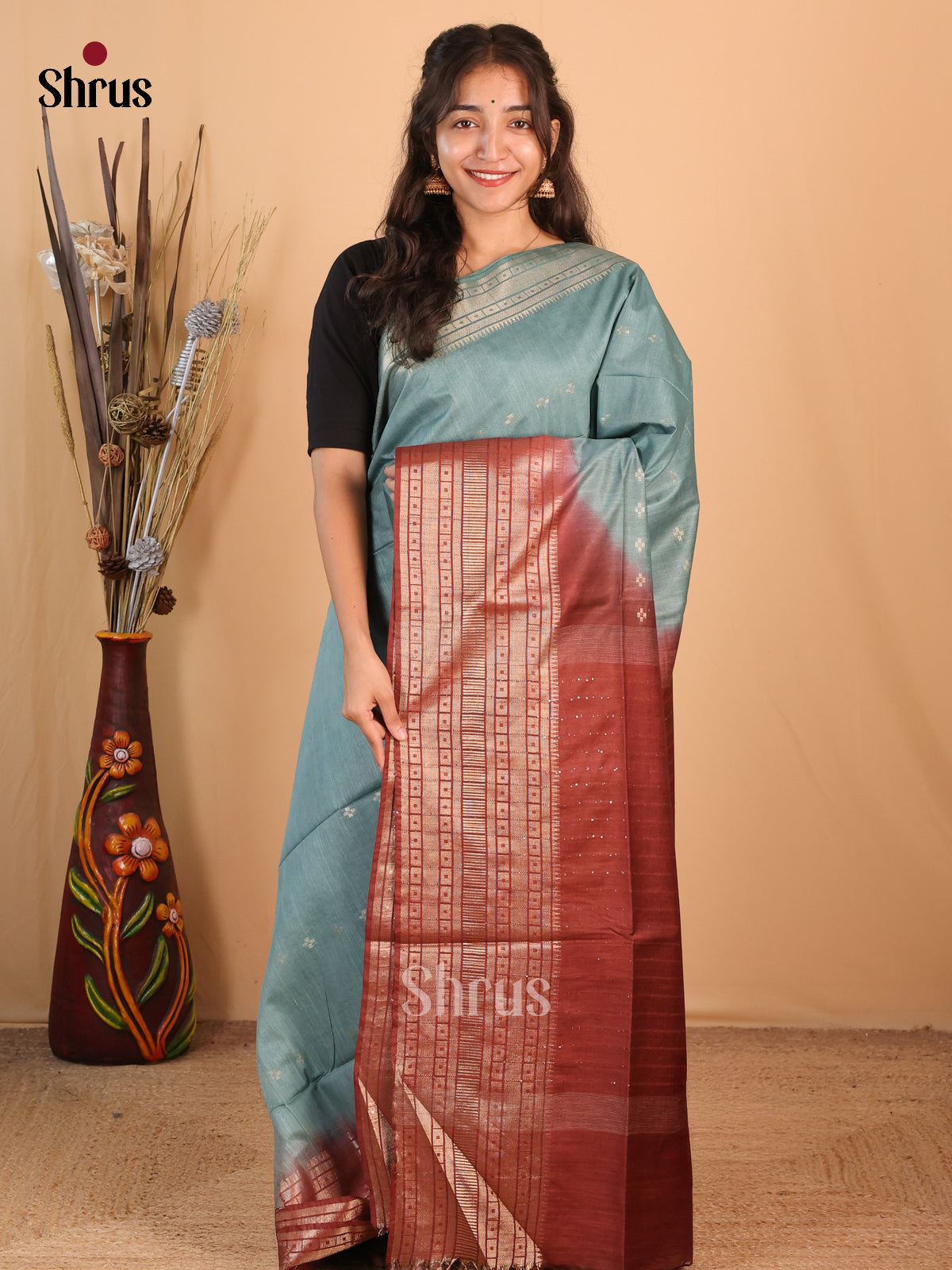 Grey & Brown- Semi Tussar Saree - Shop on Shrus.com