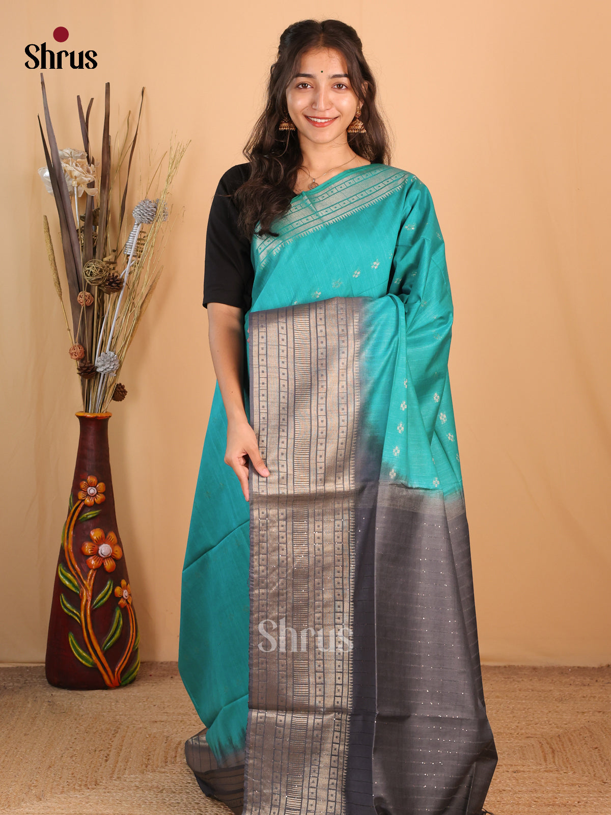 Teal & Black - Semi Tussar Saree - Shop on Shrus.com
