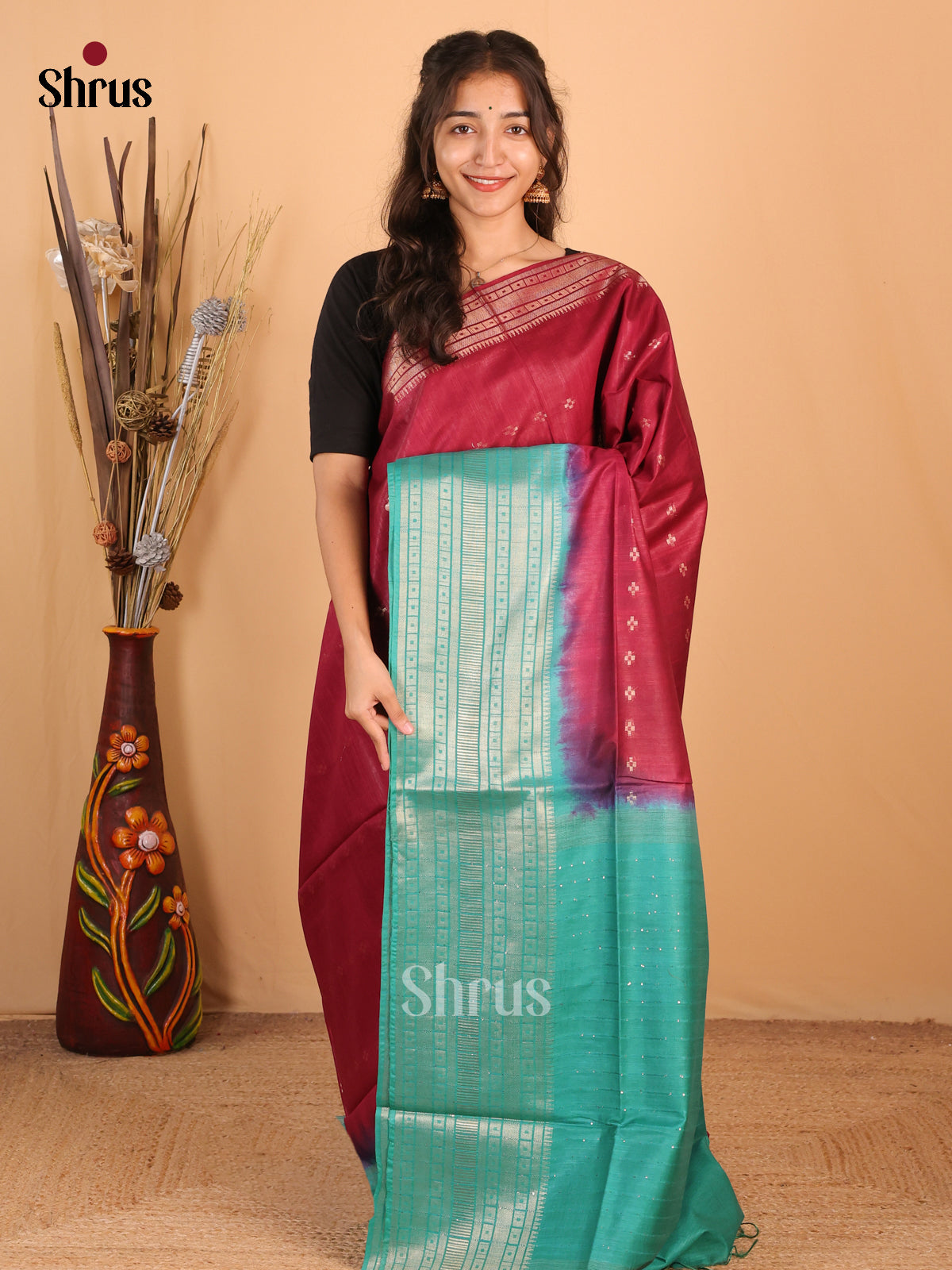 Maroon & Teal - Semi Tussar Saree - Shop on Shrus.com