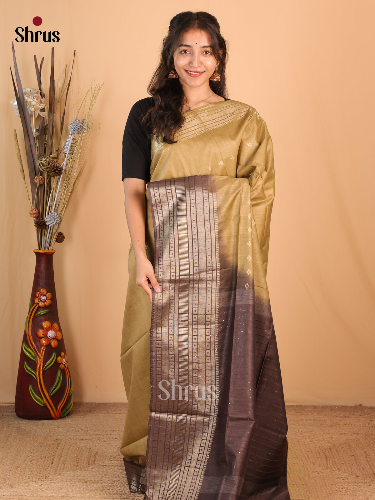 Beige & Brown - Semi Tussar Saree - Shop on Shrus.com