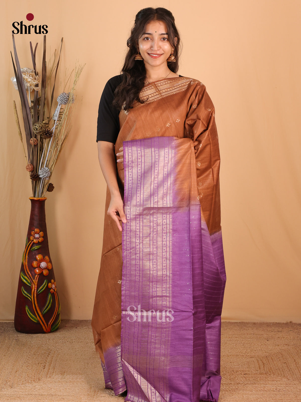 Brown & Purple- Semi Tussar Saree - Shop on Shrus.com