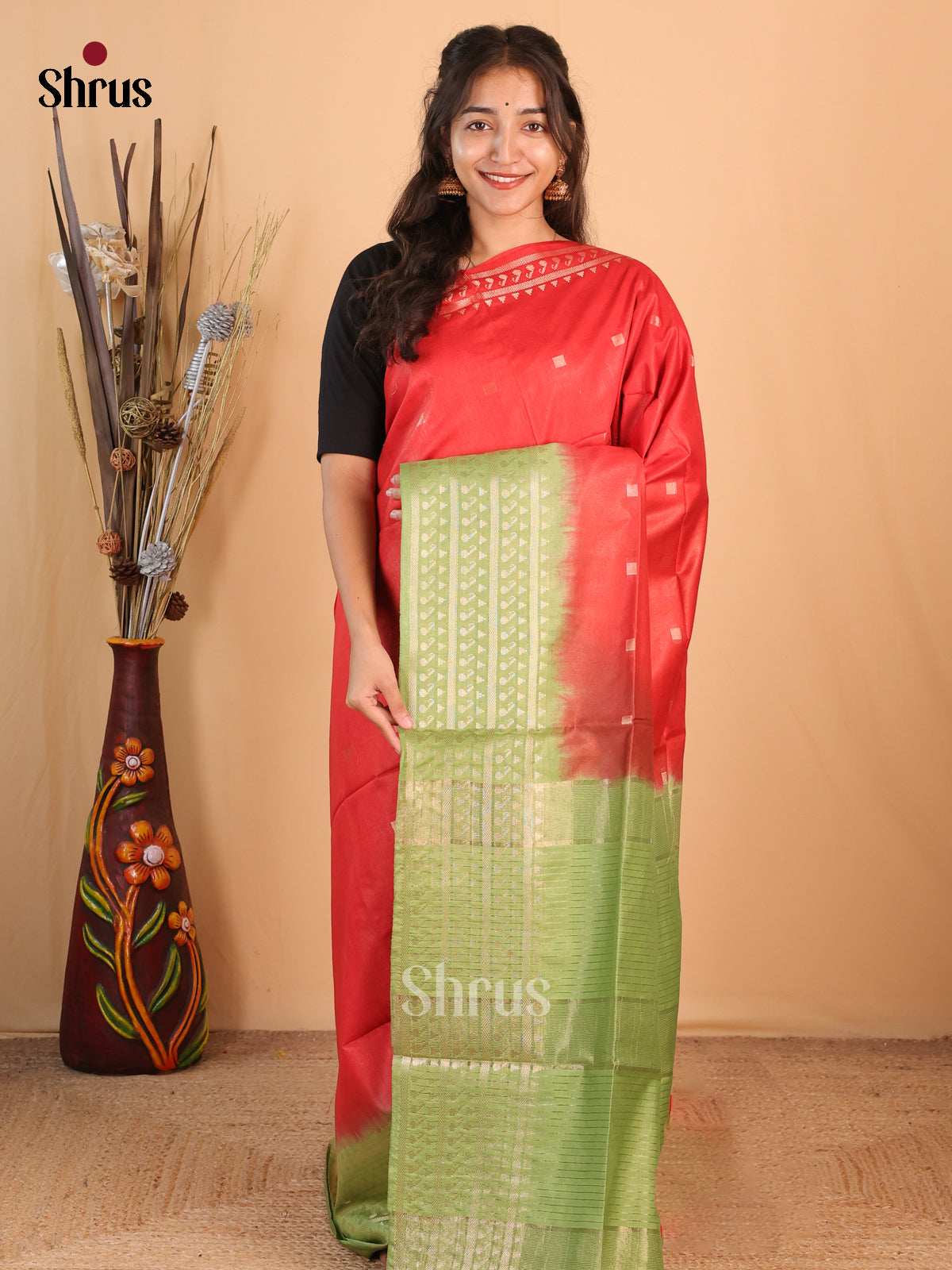 Red & Green - Semi Tussar Saree - Shop on Shrus.com