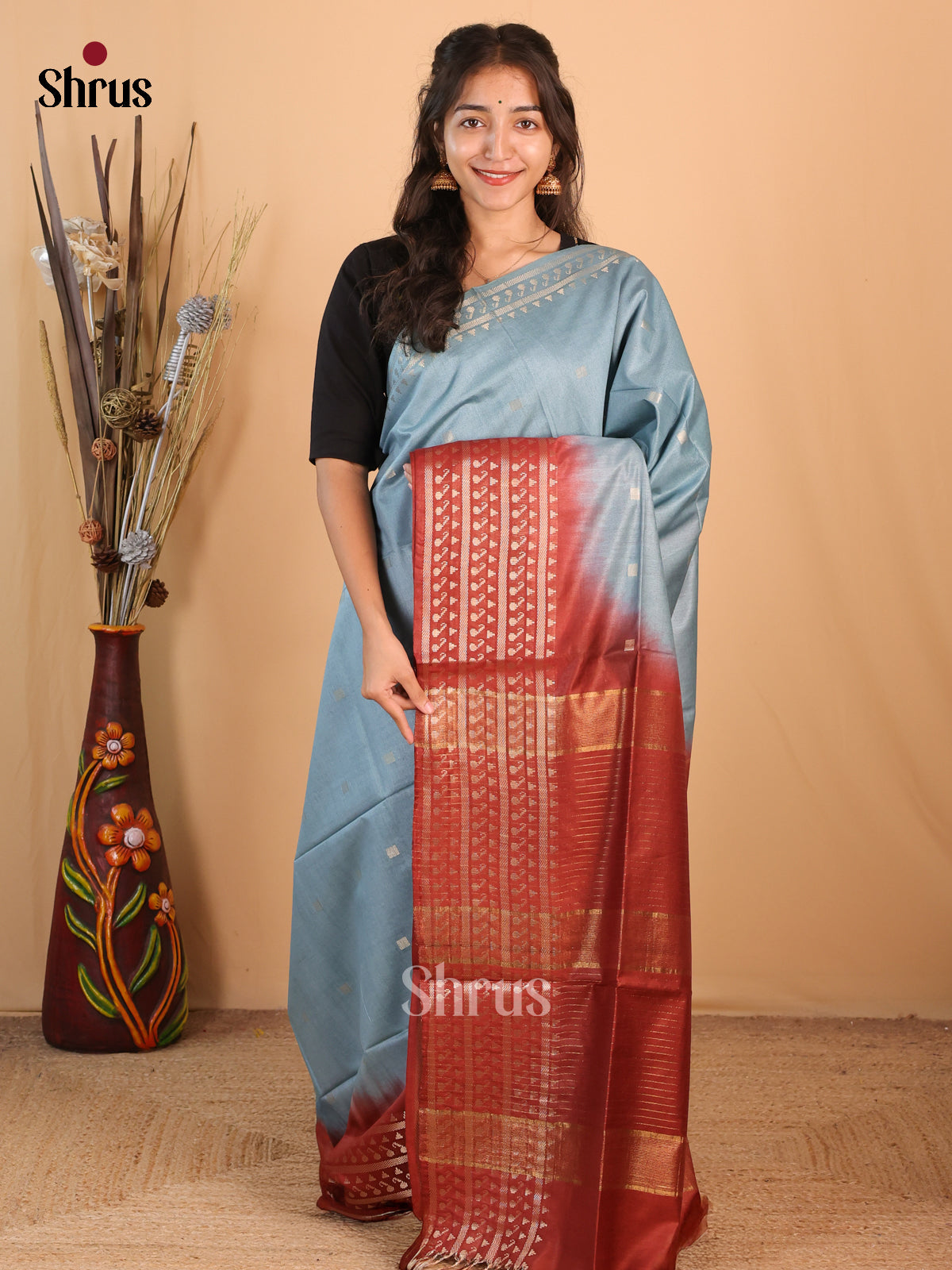Bluish Grey & Maroon - Semi Tussar Saree - Shop on Shrus.com