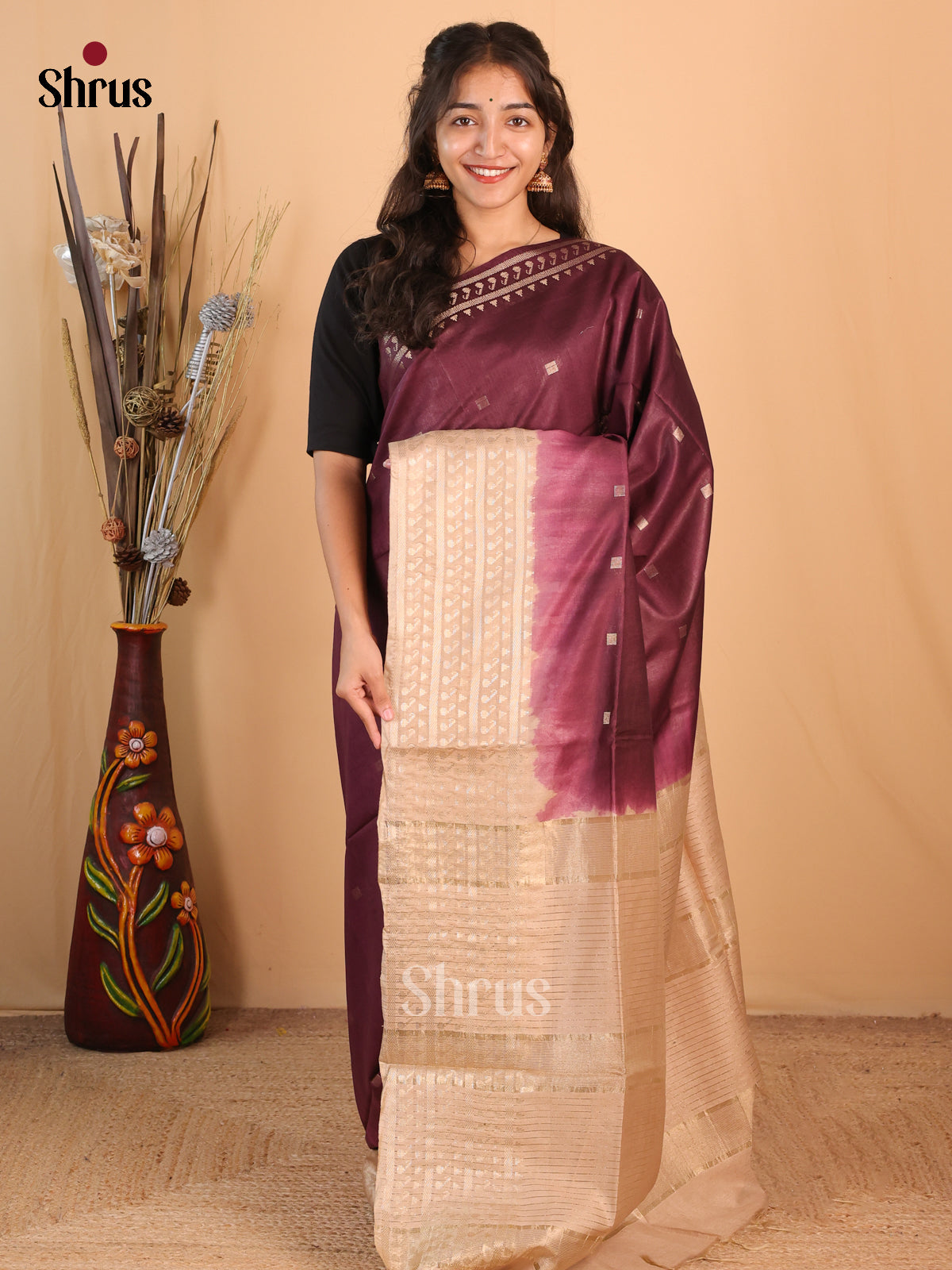 Wine & Cream- Semi Tussar Saree - Shop on Shrus.com