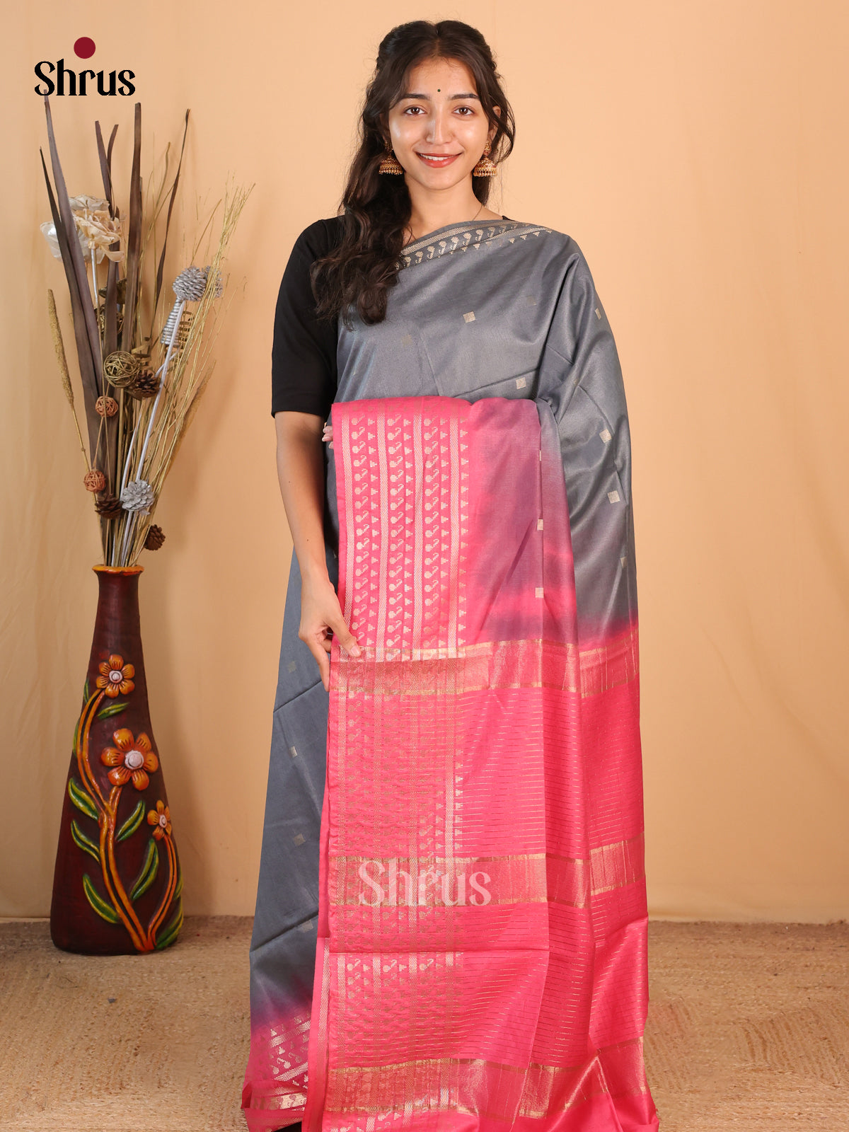 Grey - Semi Tussar Saree - Shop on Shrus.com