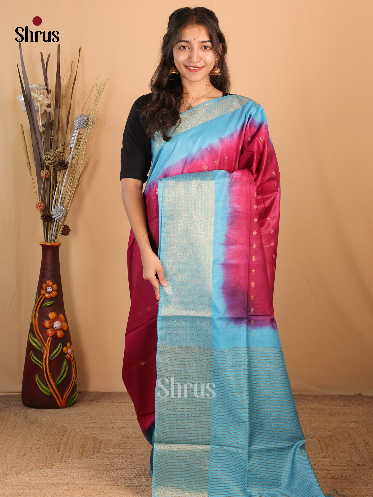 Wine & Blue - Semi Tussar Saree - Shop on Shrus.com