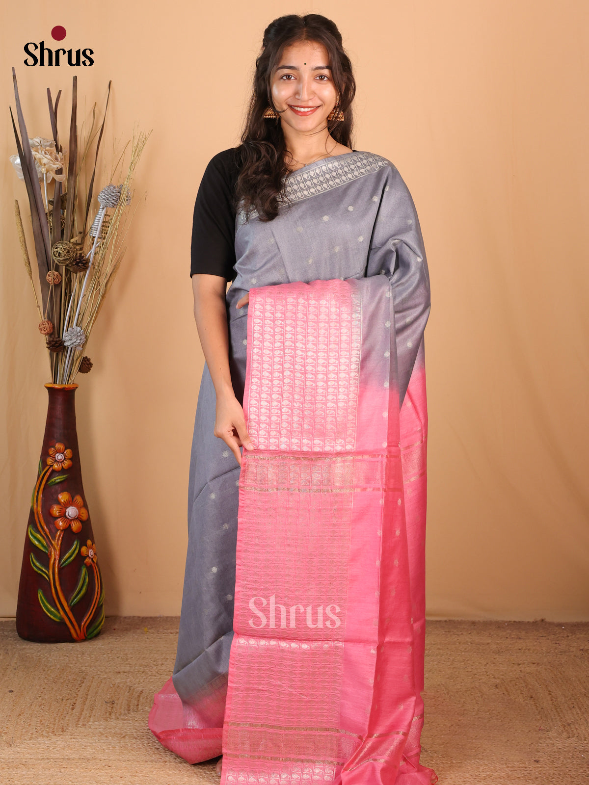 Grey & Pink - Semi Tussar Saree - Shop on Shrus.com