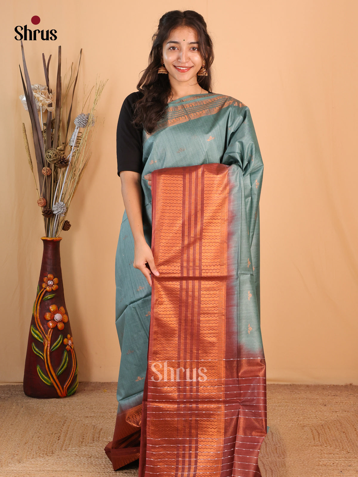 Bluish Grey & Brown- Semi Tussar Saree - Shop on Shrus.com