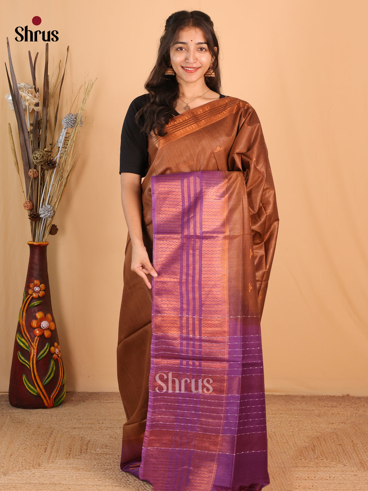 Brown & Violet - Semi Tussar Saree - Shop on Shrus.com