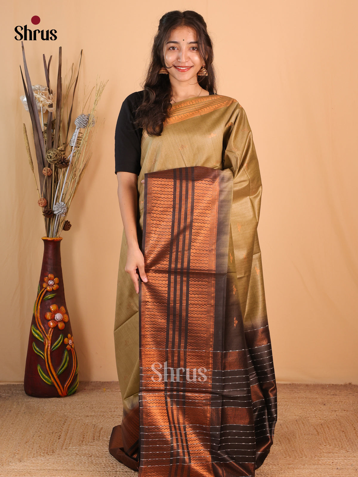 Chutney Green & Brown - Semi Tussar Saree - Shop on Shrus.com