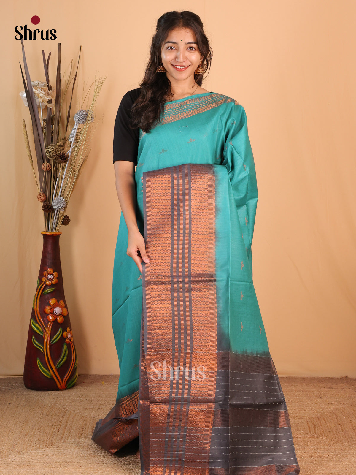 Green & Grey - Semi Tussar Saree - Shop on Shrus.com