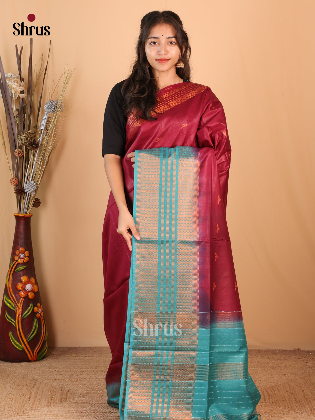 Maroon & Blue - Semi Tussar Saree - Shop on Shrus.com