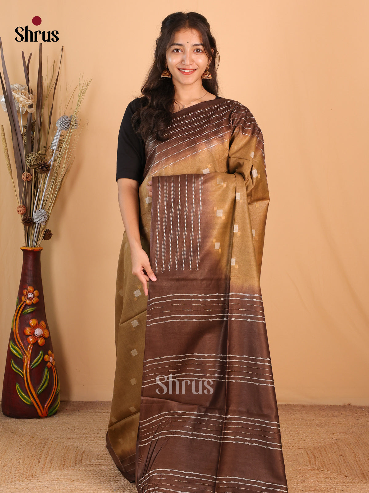 Lite Brown & Brown - Semi Tussar Saree - Shop on Shrus.com