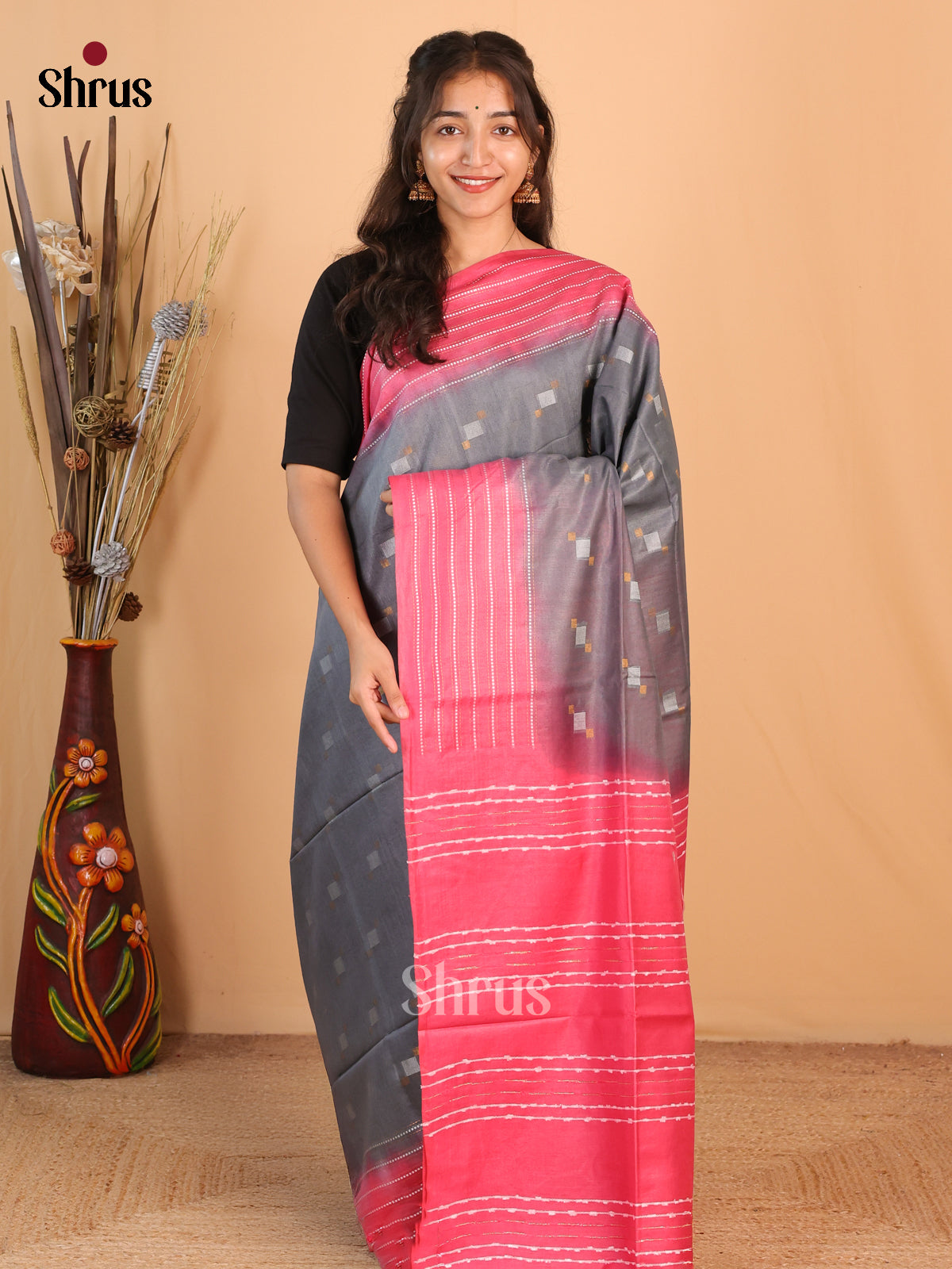 Grey & Pink - Semi Tussar Saree - Shop on Shrus.com