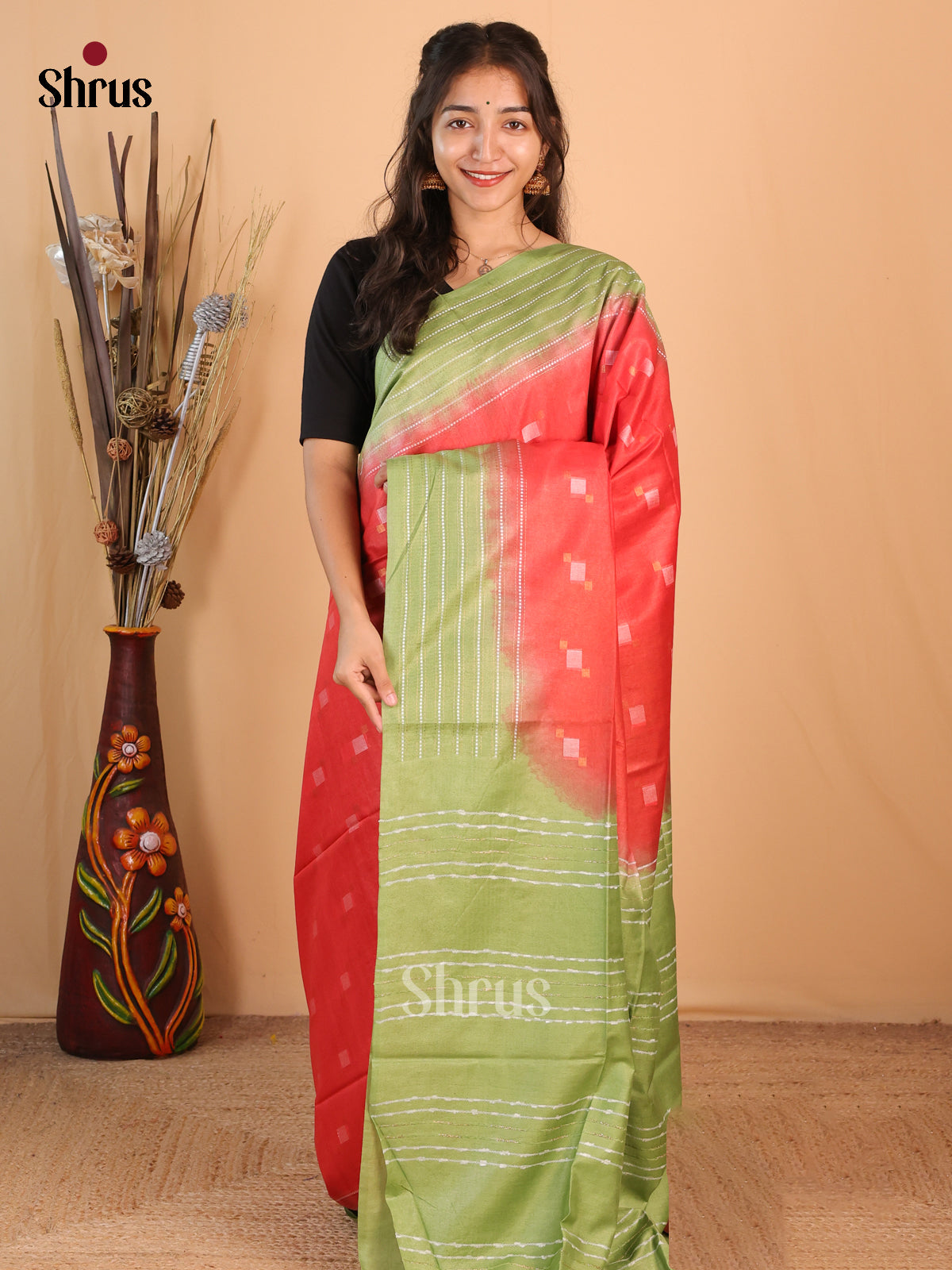 Red & Green - Semi Tussar Saree - Shop on Shrus.com