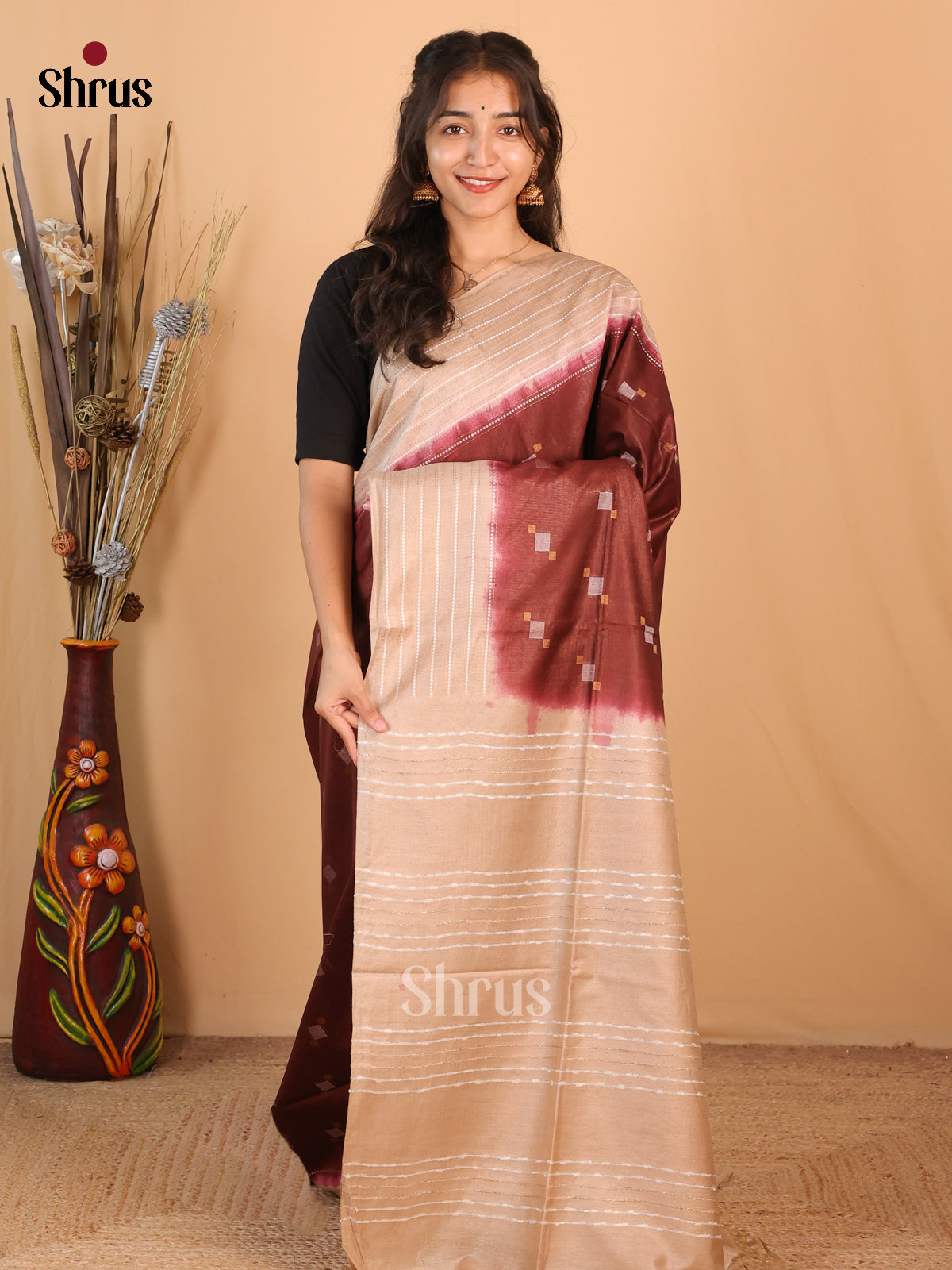 Brown & Cream - Semi Tussar Saree - Shop on Shrus.com