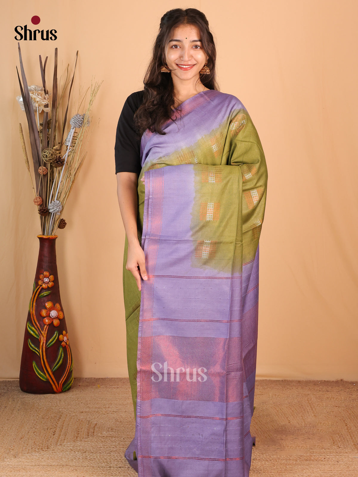 Green & Purple - Semi Tussar Saree - Shop on Shrus.com