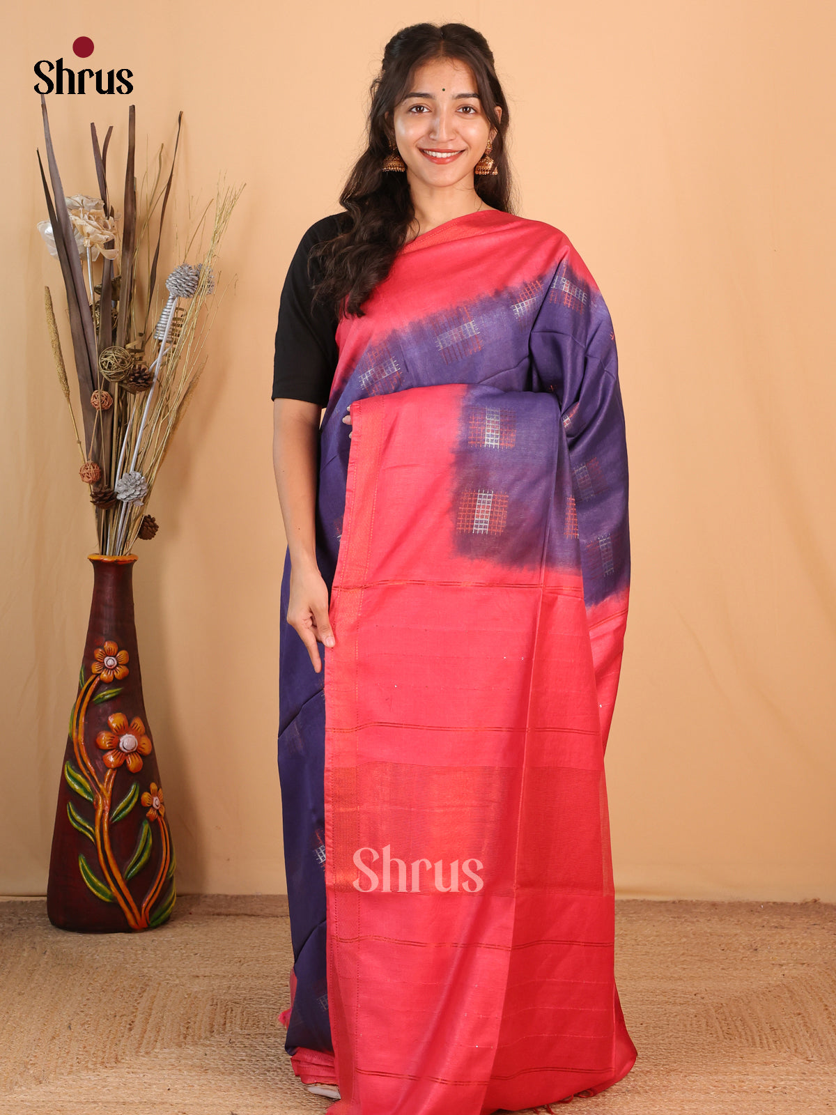 Blue & Red - Semi Tussar Saree - Shop on Shrus.com