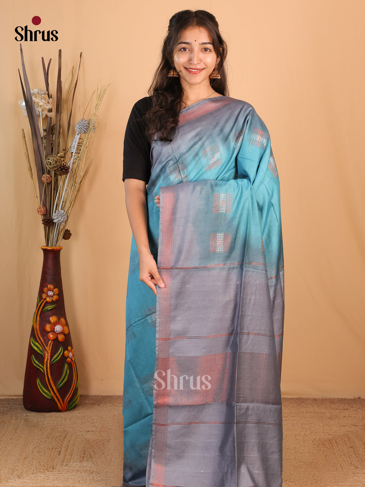 Blue & Grey - Semi Tussar Saree - Shop on Shrus.com