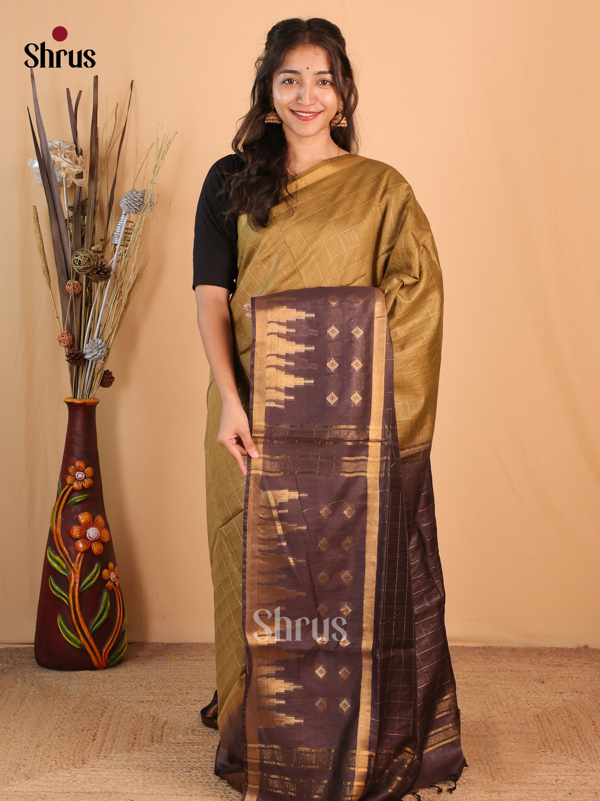 Gold & Brown - Semi Tussar Saree - Shop on Shrus.com
